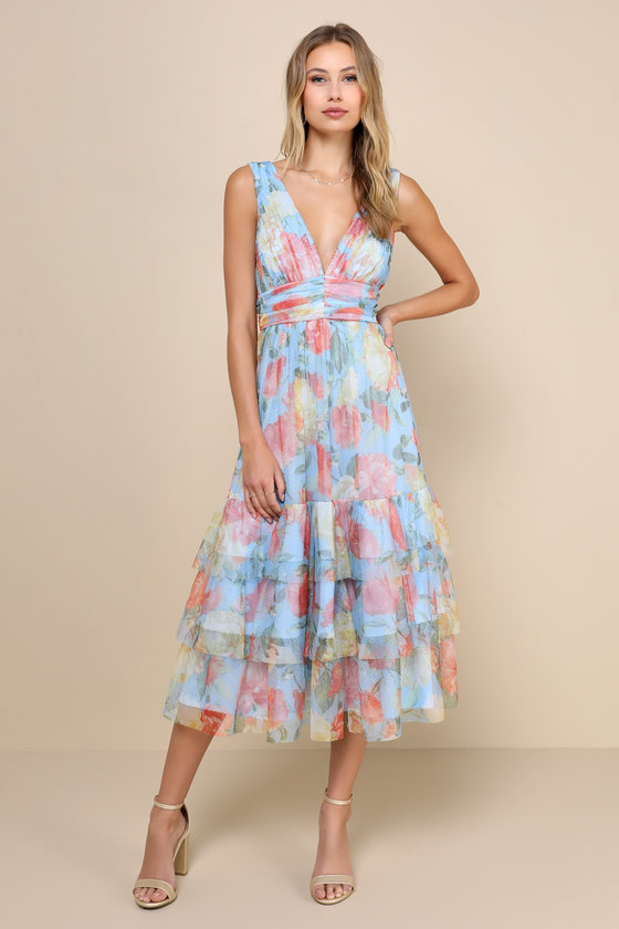 Perfectly Divine Pink Floral Tulle Tiered Ruffled Midi Dress