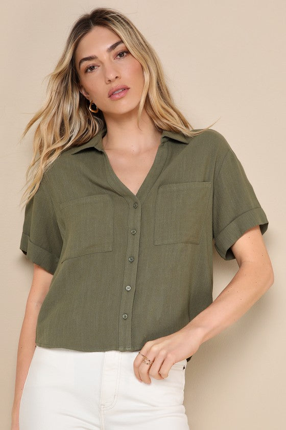 Summer Escapades Light Blue Linen Collared Button-Up Top