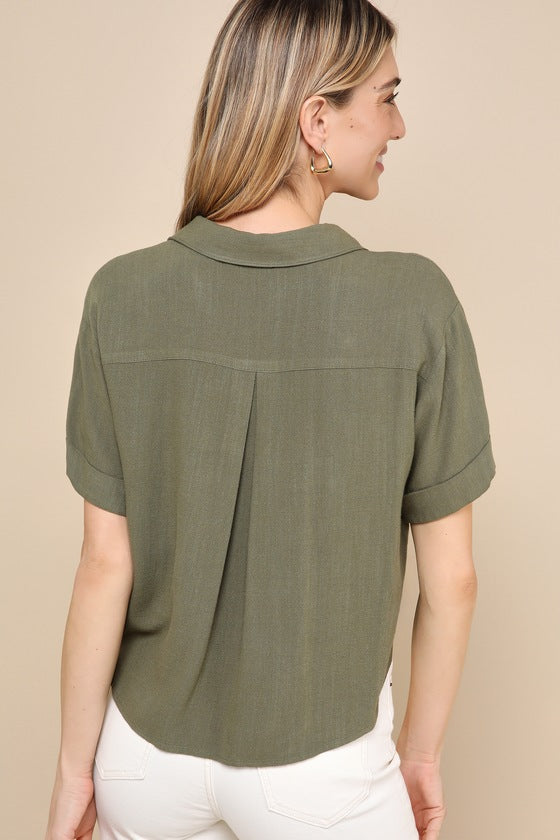 Summer Escapades Light Blue Linen Collared Button-Up Top