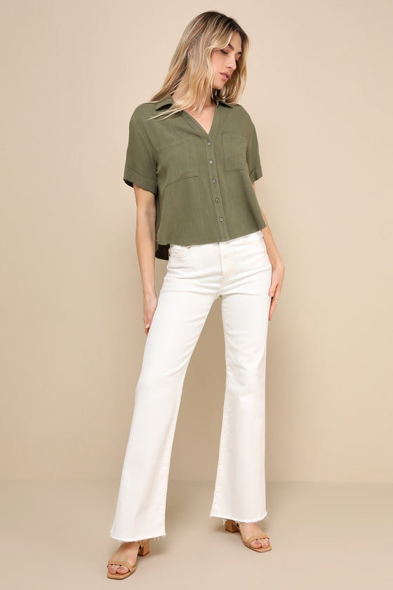 Summer Escapades Beige Linen Collared Button-Up Top