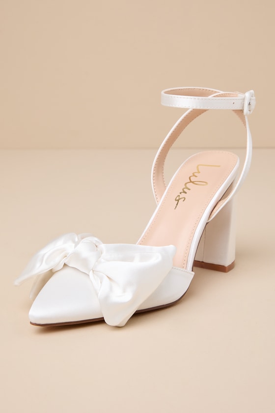Suttonn Blue Satin Bow Ankle Strap Pointed-Toe Pumps
