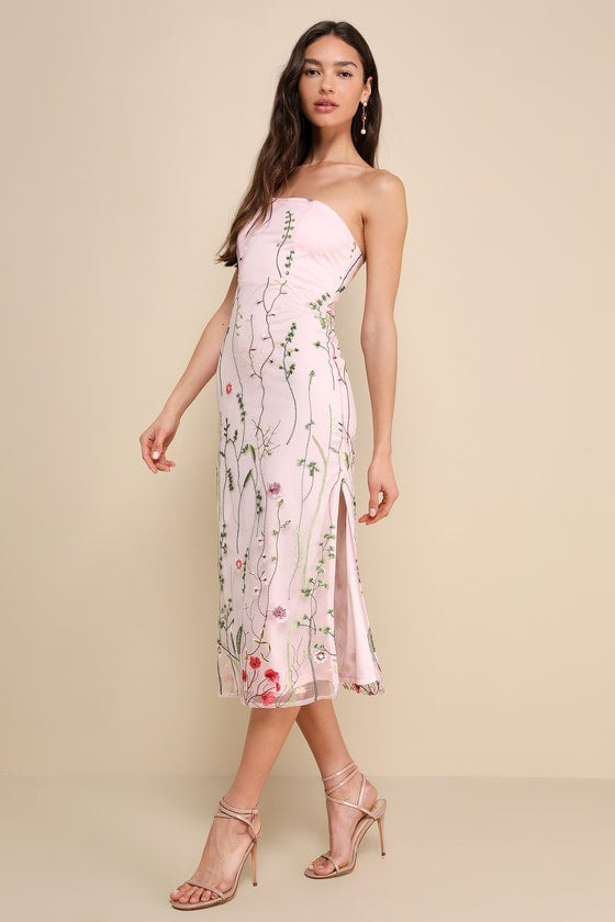 Bold Botanicals Black Floral Embroidered Strapless Midi Dress