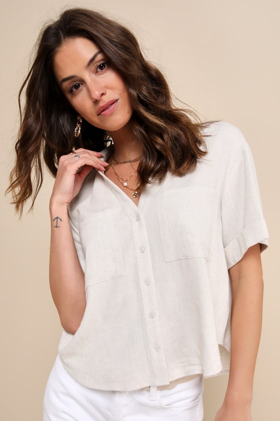 Summer Escapades Rust Red Linen Collared Button-Up Top