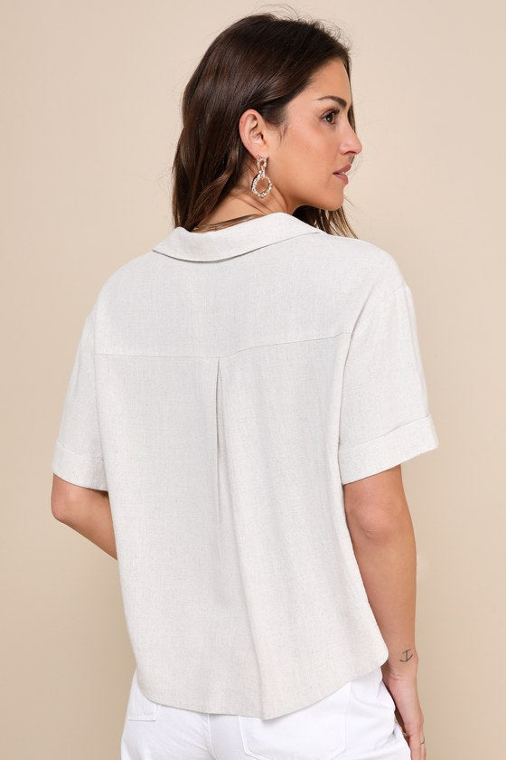 Summer Escapades Rust Red Linen Collared Button-Up Top