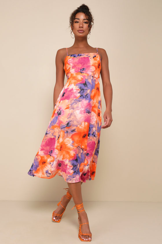 Radiant Feelings Blue and Purple Floral Chiffon Midi Dress