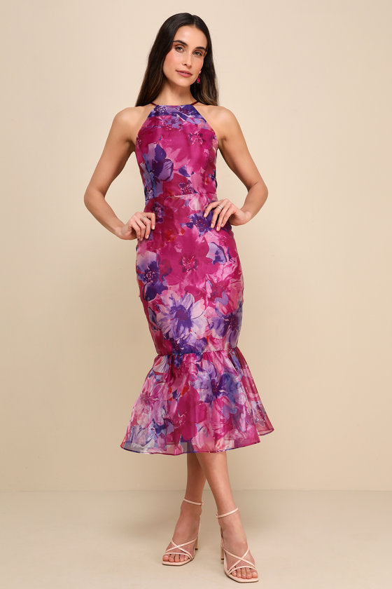 Admirable Essence Magenta Floral Organza Trumpet Midi Dress