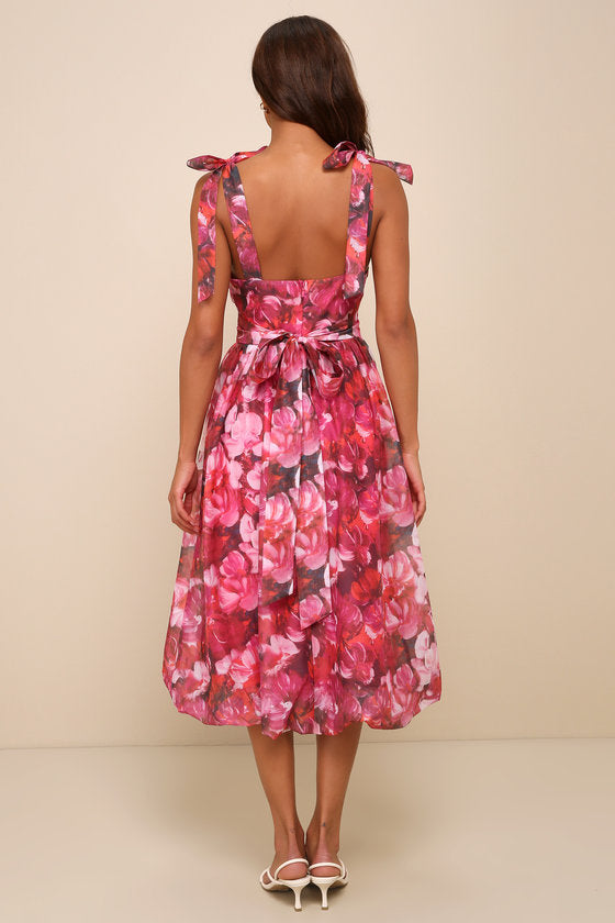 Flowering Day Dream Teal Blue Floral Organza Midi Bubble Dress