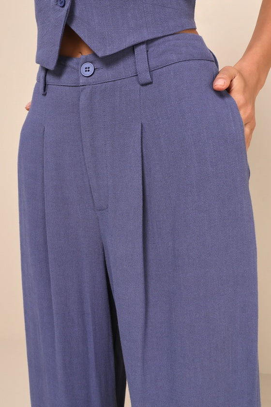 Suits You Perfectly Dark Blue Linen Wide-Leg Pants