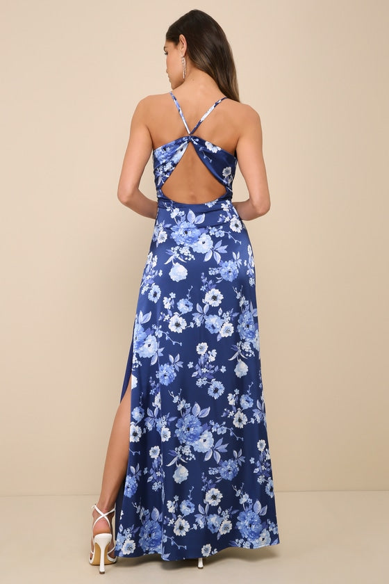 Wondrous Allure Green Floral Satin Backless Maxi Dress