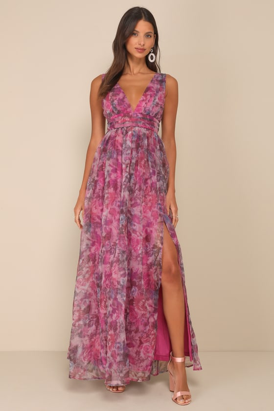 Garden Romance Light Blue Floral Print Organza Maxi Dress