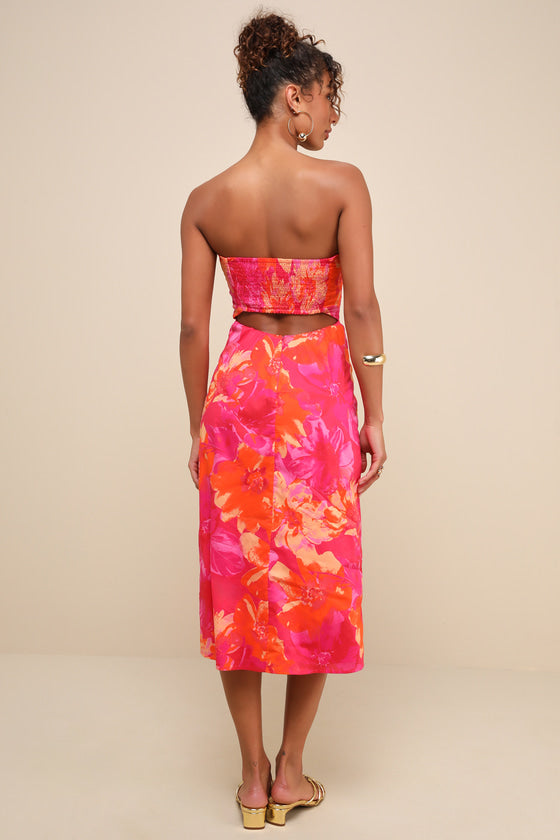 Bold Tendencies Blue Floral Strapless Cutout Midi Dress