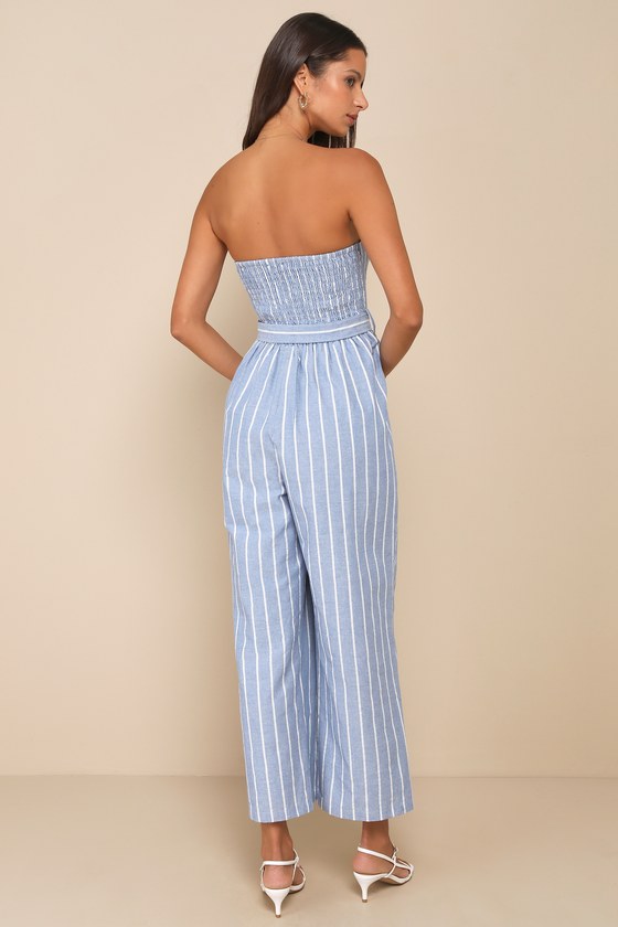 Sunny Day Classic Sage and White Striped Strapless Jumpsuit