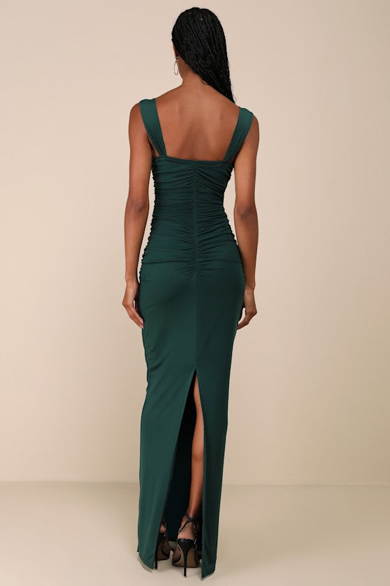 Amazing Presence Slate Blue Mesh Ruched Column Maxi Dress