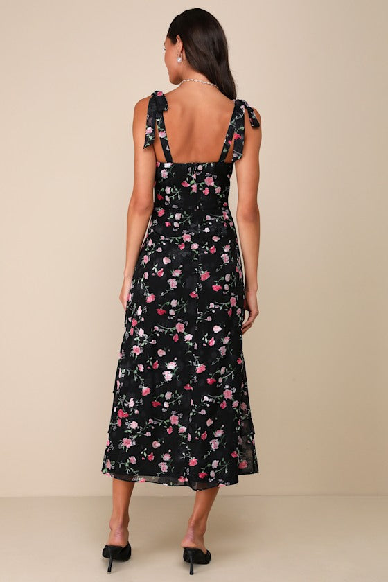 So Elevated Blue Floral Jacquard Tie-Strap High-Low Midi Dress