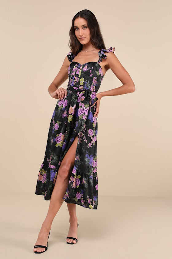 Sweet Like Sangria Blue Floral Ruffled Bustier Midi Dress