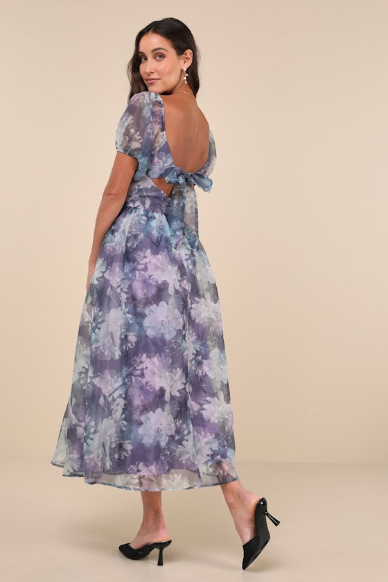 Lovely Statement Purple Floral Organza Tie-Back Midi Dress