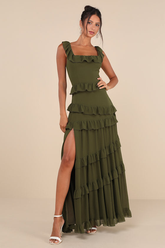 Compelling Romantic Rusty Rose Ruffled Tiered Maxi Dress