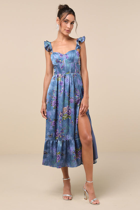 Sweet Like Sangria Pink Floral Ruffled Bustier Midi Dress