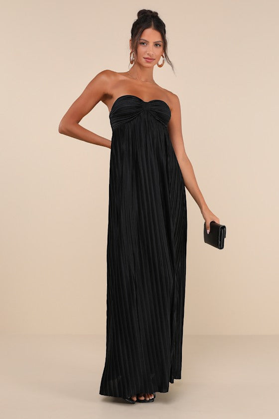 Whimsical Beauty Golden Yellow Satin Plisse Strapless Maxi Dress