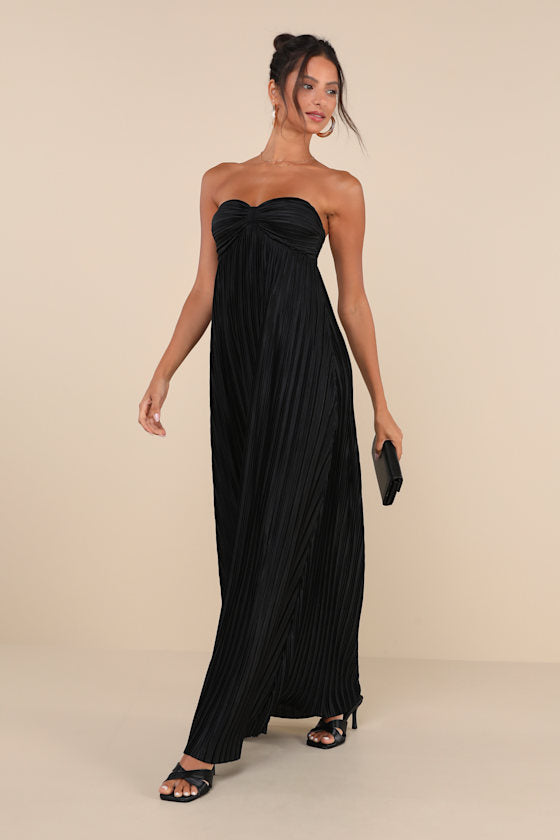 Whimsical Beauty Dark Purple Satin Plisse Strapless Maxi Dress