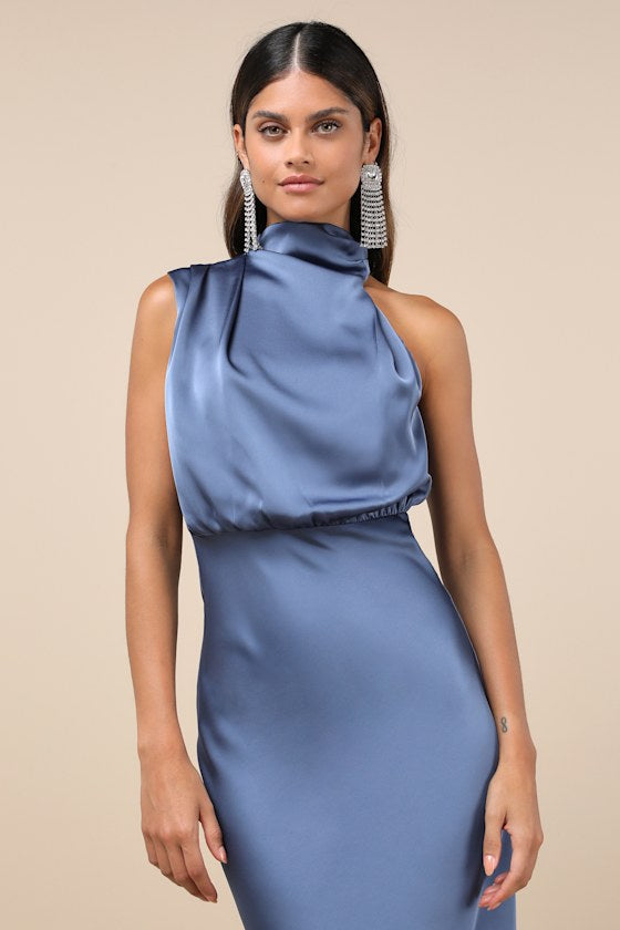Distinctive Charm Black Satin Asymmetrical Midi Dress