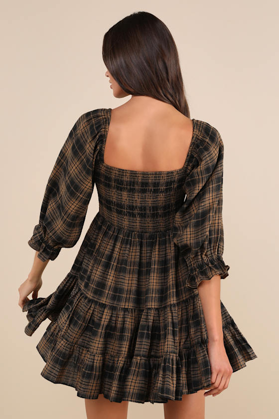 No One Cuter Black and Tan Plaid Puff Sleeve Tiered Mini Dress