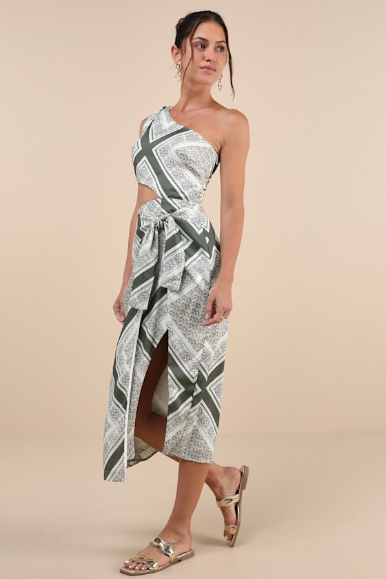 Vacay Beauty Blue Scarf Print One-Shoulder Tie-Strap Midi Dress