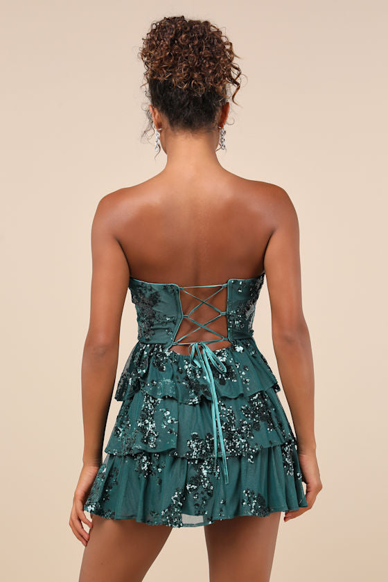 Definite Glamour Black Mesh Sequin Bustier Tiered Mini Dress