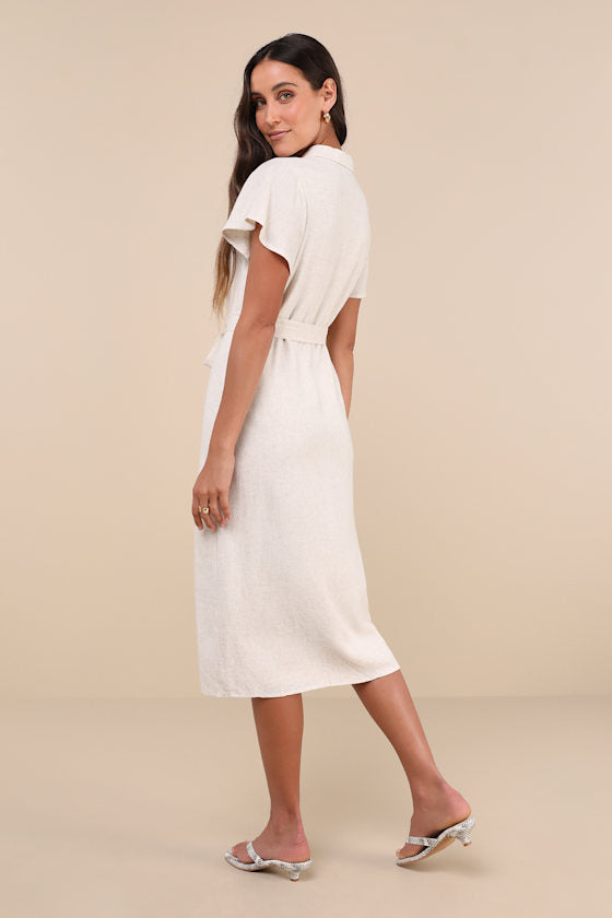 Italian Summer Olive Green Linen Button-Up Short Sleeve Dress