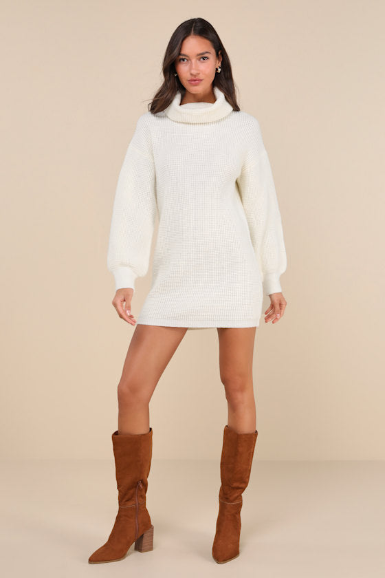 Casual Coziness Ivory Waffle Knit Cowl Neck Sweater Dress