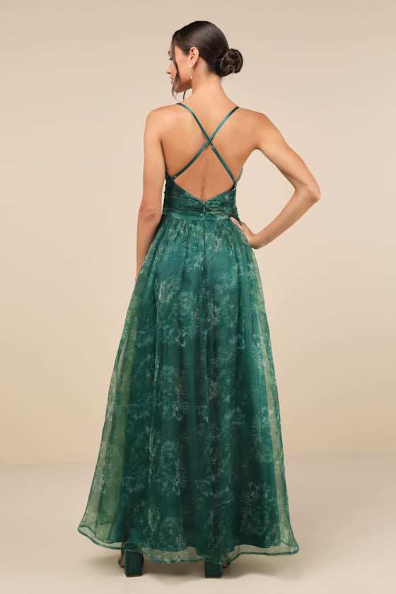 Romance That Wows Dark Teal Floral Print Organza Maxi Dress