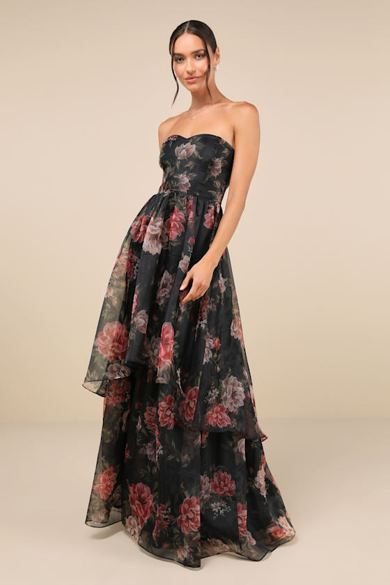 Truly Extraordinary Pink Floral Organza Strapless Maxi Dress
