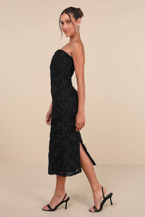 Flawless Perfection Emerald Floral Applique Strapless Midi Dress