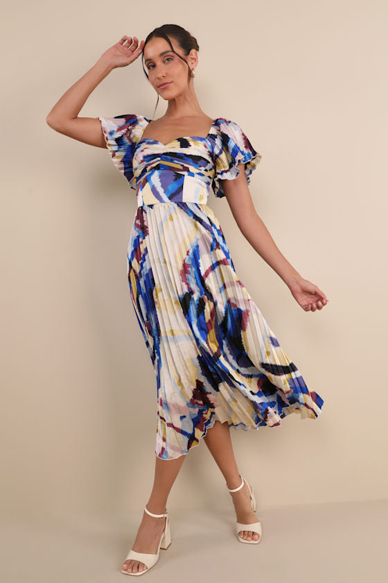 Authentically Yours Teal Multi Abstract Print Satin Midi Dress