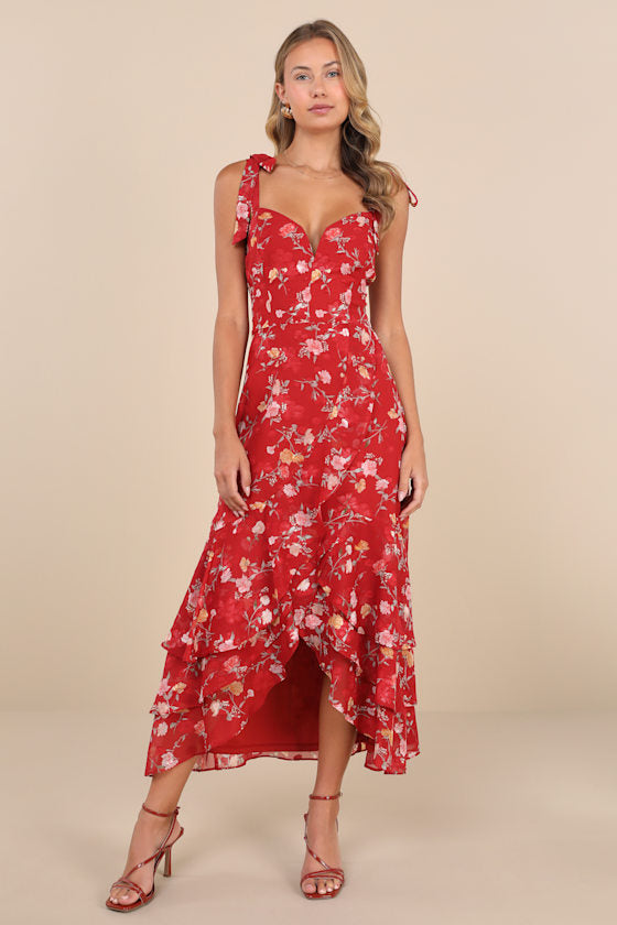 So Elevated Blue Floral Jacquard Tie-Strap High-Low Midi Dress