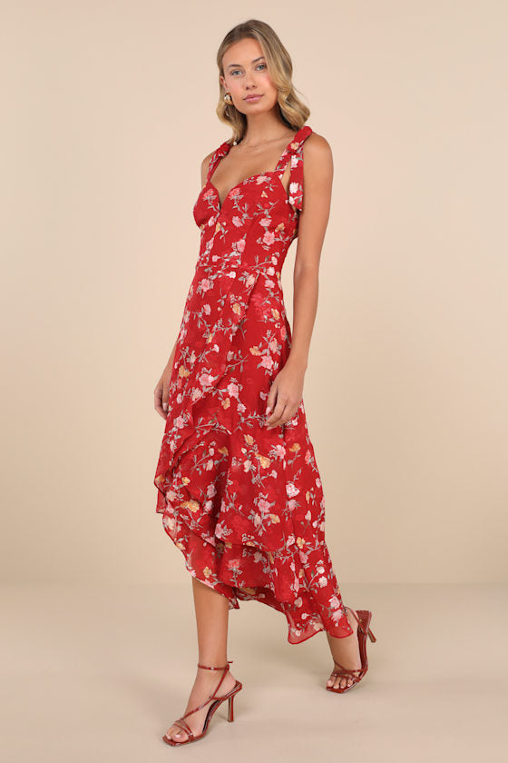 So Elevated Blue Floral Jacquard Tie-Strap High-Low Midi Dress