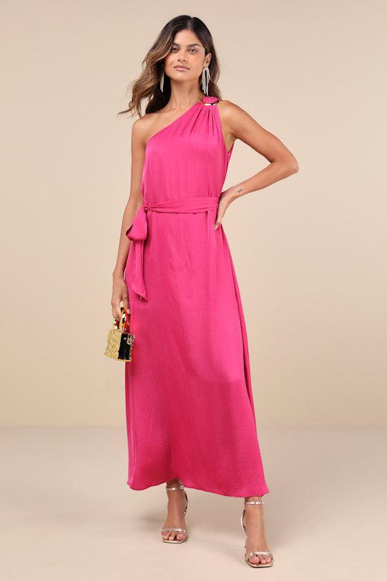 Goddess Aura Orange Multi Floral Satin One-Shoulder Maxi Dress