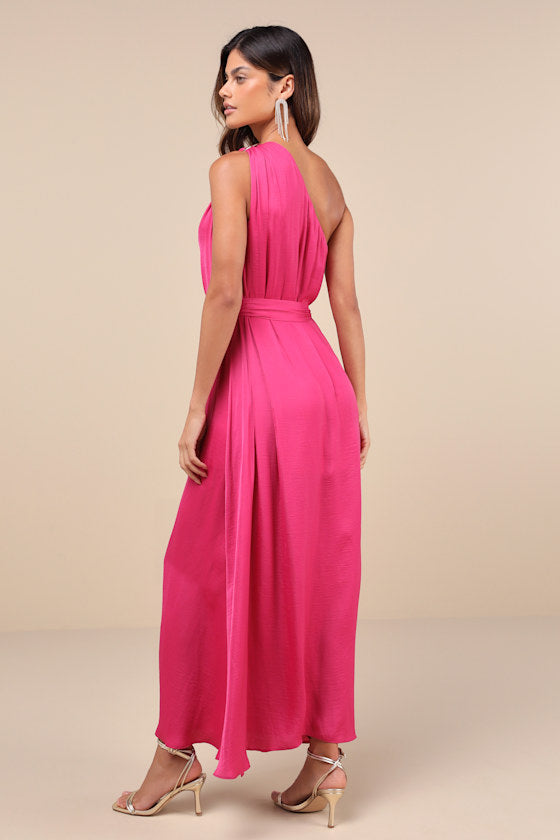 Goddess Aura Black Satin One-Shoulder Maxi Dress