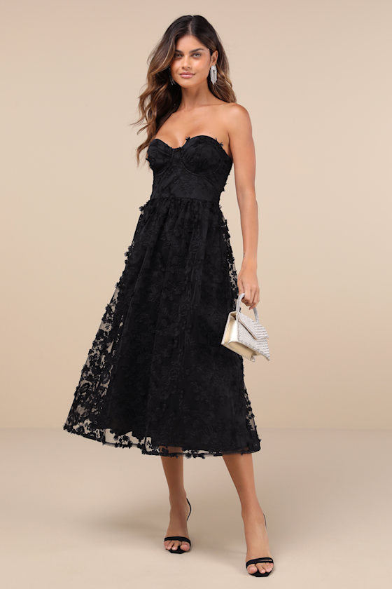 Quite Perfect Purple Floral Embroidered Strapless Midi Dress