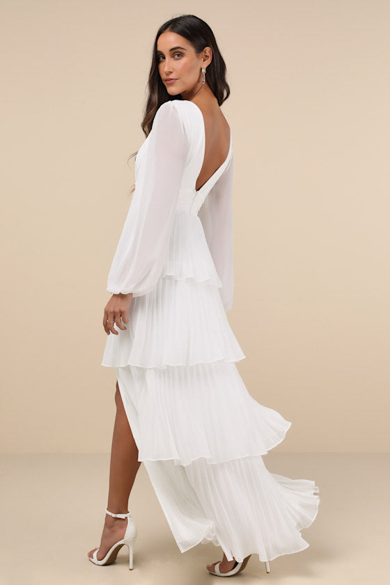Graceful Finesse Plum Pleated Long Sleeve Maxi Dress