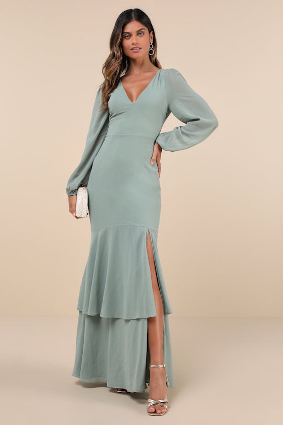 Tier Elegance Black Long Sleeve Tiered Maxi Dress