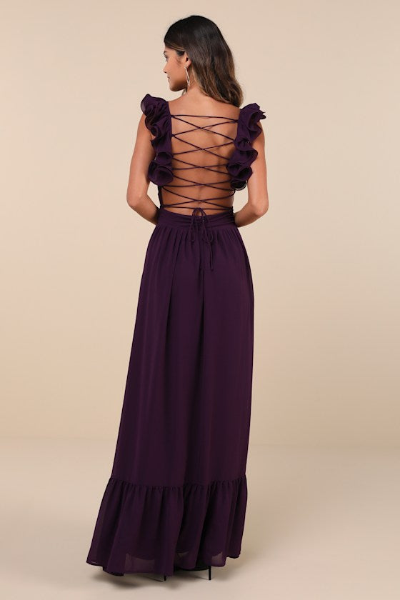 Soiree Celebration Navy Blue Ruffled Lace-Up Maxi Dress