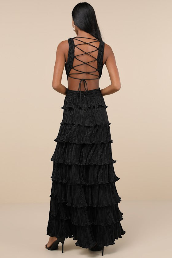 Beauty Icon Dark Teal Satin Pleated Tiered Lace-Up Maxi Dress