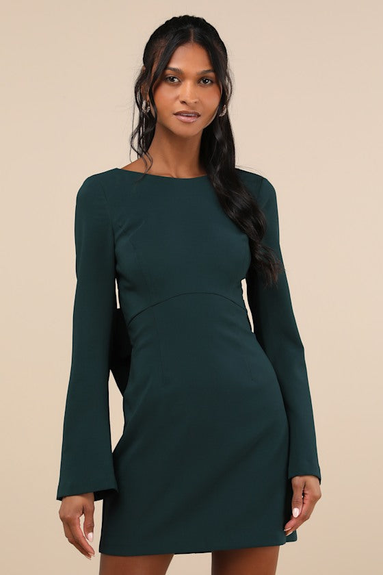 Elegant Cutie Ivory Bow Long Sleeve Backless Mini Dress
