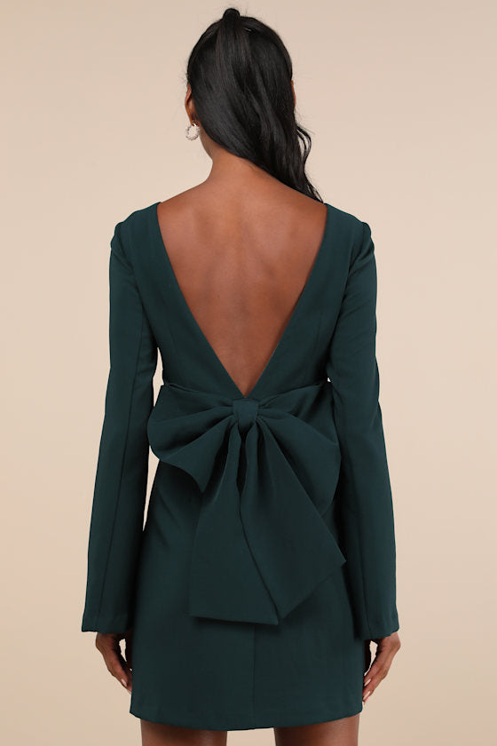 Elegant Cutie Ivory Bow Long Sleeve Backless Mini Dress