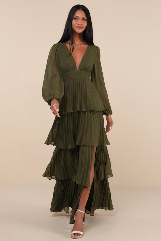 Graceful Finesse Plum Pleated Long Sleeve Maxi Dress
