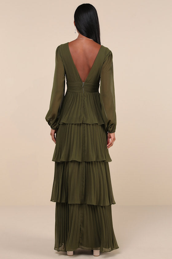Graceful Finesse Dusty Rose Pleated Long Sleeve Maxi Dress