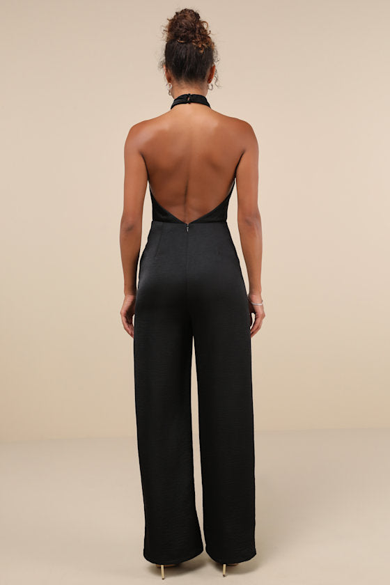 Beyond Classy Brown Satin Halter Wide-Leg Jumpsuit