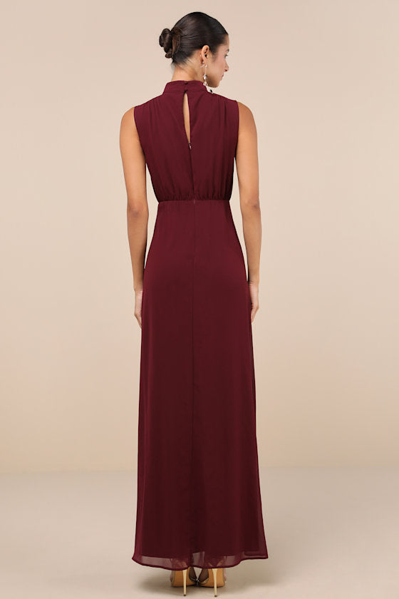 Classic Elegance Emerald Chiffon Sleeveless Mock Neck Maxi Dress