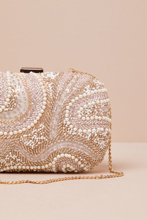 Upscale Idea Beige and Pink Beaded Pearl Hard-Sided Clutch